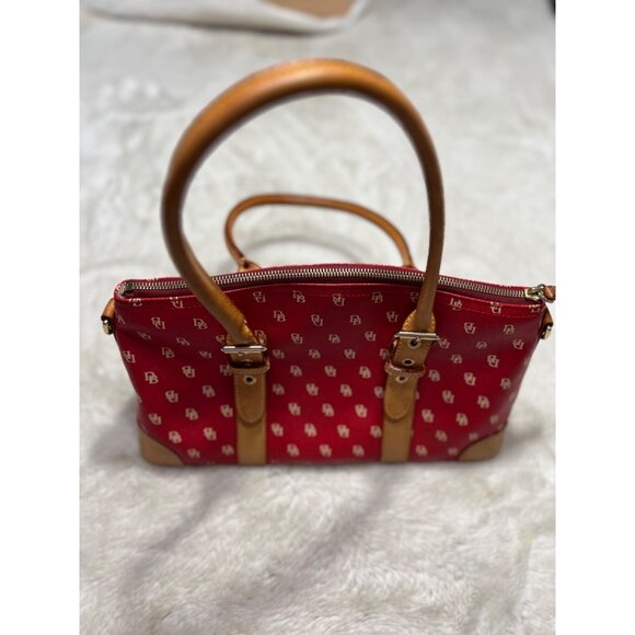 Dooney & Bourke Red Monogrammed Satchel Handbag With Tan Leather Trim & Handles - Picture 4 of 7